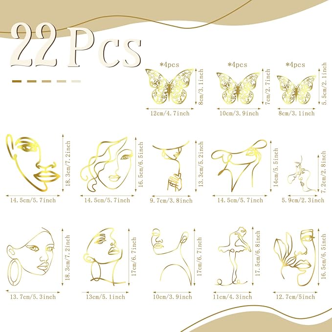 Kigley 22 Pcs Minimalist Art Lady Face Cake Topper Butterflies Cake Decoration Acrylic Wedding Birthday Boho Cake Toppers for Women Bridal Shower Party Supplies (Gold)