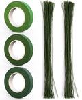 GLAMFIELDS 200 Pieces Green Floral Stem Wire 14 inch 22 Gauge Wire and 3 Rolls 1/2" Wide Floral Tape (30Yard/roll) for Bouquet Stem Wrap, Flower Arrangements Kit, DIY Crafts, Flower Making Supplies