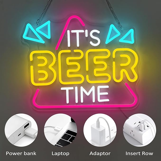 Beer Neon Sign for Wall Decor, Neon Lights Bar Sign for Home Bar Pub Home Party Man Cave Club, IT'S BEER TIME Neon Light Dimmable Decoration USB Powered with Switch
