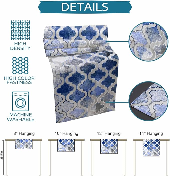 Blue Morocco Plaid Cotton Linen Table Runner for Dining Kitchen, Wedding Outdoor Party Tablerunners Decoration, Distressed Abstract Painted Vintage Dresser Scarf Coffee Tablecloth Runners 13x48 Inches
