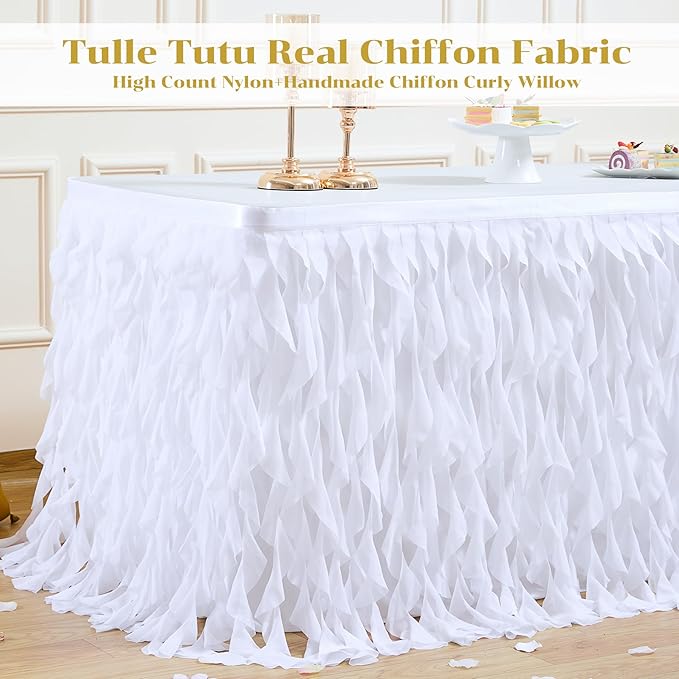 Partisky White Tulle Curly Willow Table Skirt for Rectangle Table 17ft, Ruffle Tutu Table Cloth for Wedding,Bridal Shower, Baby Shower,Birthday Party