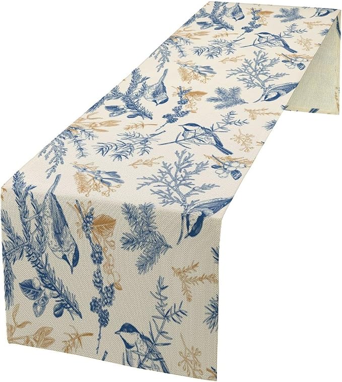 Chinoiserie Flowers Table Runner, Seasonal Spring Fall Plants Blue Florals Birds Dinner Runner for Home Kitchen Dining Table Party Holiday Decoration 13"x90"