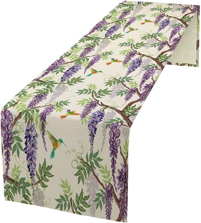 Vintage Bird Flower Table Runner Seasonal Spring Purple Wisteria Garden Plants Lavender Florals Farmhouse Country Kitchen Dinner Runner Dining Table Decoration for Home Party Holiday 13"x90"
