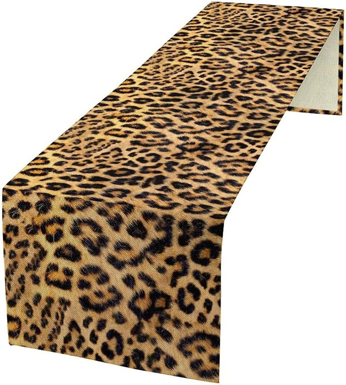 Leopard Print Dinning Table Runner, Cotton Linen Rustic Cottage Country Farm Safari Wildlife Fur Print Table Runners for Table Dresser Runner Dinning Kitchen Party Holidays Home, 13x90 Inch