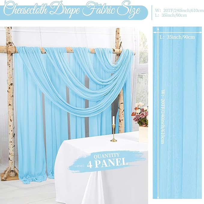 4 Panels Light Blue Wedding Arch Draping Fabric Cheesecloth Fabric 35" x 20FT Gauze Fabric Arch Drapes for Wedding Reception Sheer Backdrop Photo Background Household or Out Door Curtain