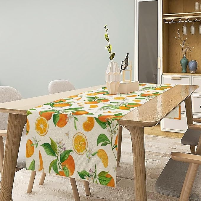Spring Summer Orange Table Runner Vintage Citrus Lemon Fruit Mandarin Floral Dinner Runner for Farmhouse Baby Shower Party Holiday Home Kitchen Dining Table Decor 13x120