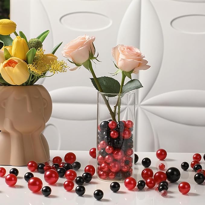 200 Pcs Vase Filler Beads Black and Red Pearl Beads for Vase No Hole Pearls for Centerpieces Vases Home Table Party Decor Wedding DIY 8/14/20mm