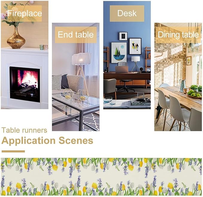 Floral Tulip Lavender Table Runner, Spring Watercolor Flower Plants Nature Butterfly Table Runner for Kitchen Dinner Living Room Home Party, 13x60 Inch