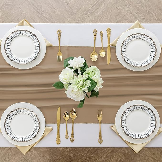 2 Pack 10 Ft Chiffon Table Runner Beige Gauze Long Table Runners 27x120 Inches Sheer Tulle Table Runner for Rustic Wedding Reception Bridal Shower Decorations Birthday Party