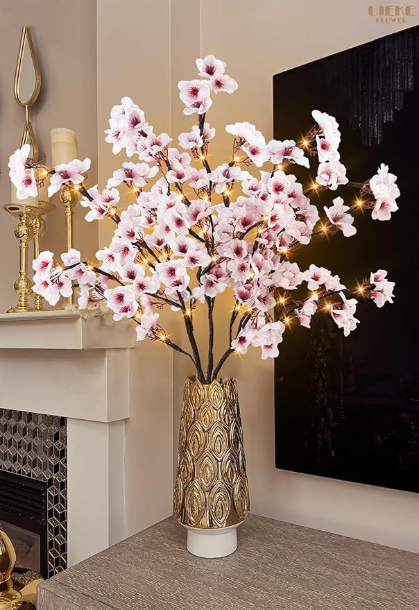 Uieke 3PCS Lighted Cherry Blossom Branches, 30in Artificial Cherry Blossom Flowers with 60 LED Lights Timer Battery Operated Lighted Twig Branches for Vases Wedding Party Home Indoor Decor