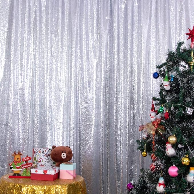 SquarePie Sequin Backdrop Opaque Non-Transparent Background Sparkly Curtain for Wedding Party 8FT x 8FT Silver