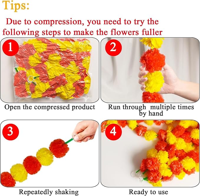 5 Pcs Diwali Artificial Marigold Garland with Pearls Decor, 4.5 Feet Artificial Marigold Flowers for Indian Pooja Diwali Home Mantle Decor Long Strands for All Year Decoration (Yellow＆Orange&Red)