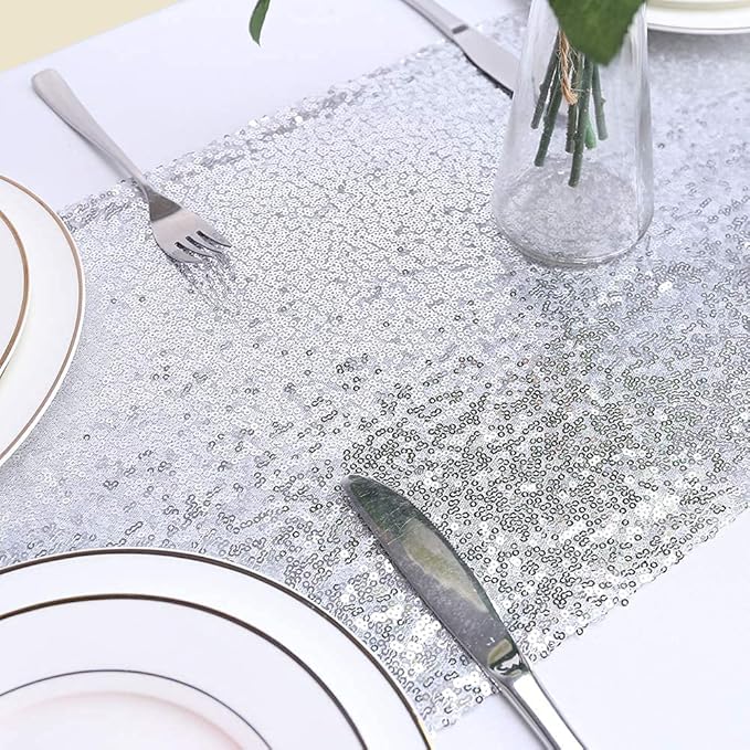 Eternal Beauty Silver Table Runner, 2PCS-12X72 Sequin Table Runner Decorations for Birthday Parties, Banquets, Graduations,Christmas