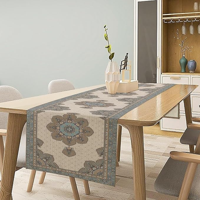 Boho Bohemia Style Table Runner, Vintage Teal Brown Retro Flower Rustic Country Style Floral Print Pattern for Home Kitchen Table Decor Dining Coffee Room Garden Party Decor 13x60in
