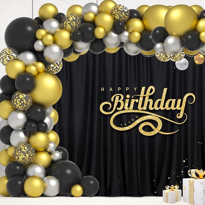 Black Backdrop Curtain for Party, Background Drapes Panels with Rod Pocket, Wrinkle Free Black Photo Curtains Backdrop Drapes Fabric Decoration for Wedding, Birthday Party Decor 5ft x 10ft, 2 Panels