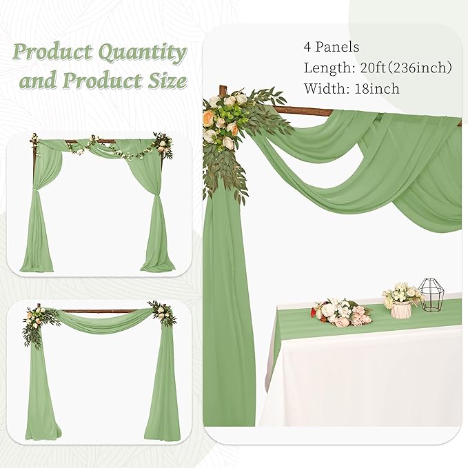 8 Panels Wedding Arch Draping Fabric 28" x 20Ft Wedding Arch Drapes Chiffon Fabric Drape Sheer Backdrop Curtain for Weddings Party Ceremony Birthday Arbor Drapery Reception Ceiling Décor(Sage Green)