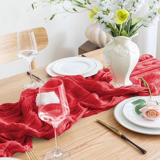 Asee'm 6PCS Fall Table Runner Cheesecloth 10FT Red Boho Gauze Fabric Rustic Sheer Cheese Cloth Runners for Thanksgiving Christmas Wedding Bridal Shower Party