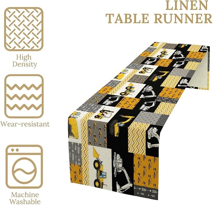 Excavator Table Runner,Boys Kids Construction Vehicles Equipment Trucks Cartoon Car Tablecloth Burlap for Hotel Indoors Outdoor Dining Room Kitchen Holiday Party, 13x90in