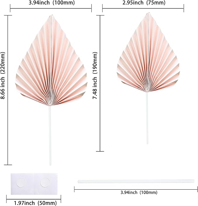 Ephlyn 6Pcs Paper Palm Fan Cake Topper Palm Spear Leaves Fan Cake Pick DIY Insert Cake Decorations for Baby Shower Wedding Bridal Shower Birthday Anniversary Party Supplies Pink