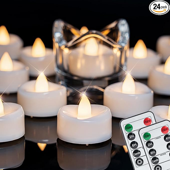 Remote Candles, 24PCS Flameless Tea Lights Candle Battery Operated with Timer, 400+Hours Remote Control LED Tea Lights Votive Candle - 1.5'' D X 1.25'' H- Warm White Light