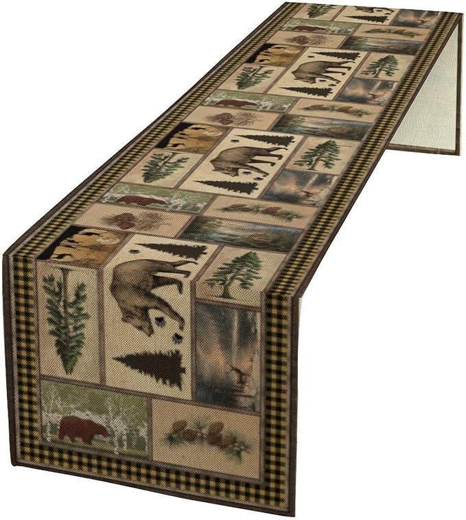 Country Lodge Bear Table Runner, Retro Vintage Bear Cottage Country Style Cabin Farmhouse Dinner Runner for Home Kitchen Dining Table Decoration,13x120 Inch