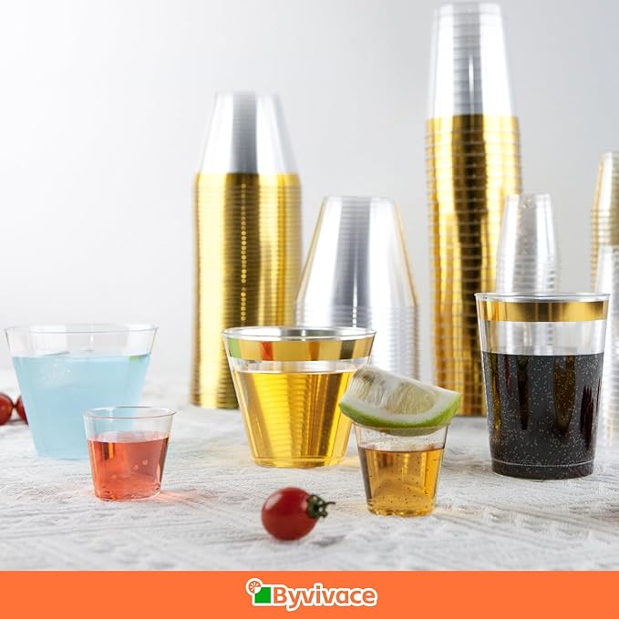 50counts 9 OZ. Disposable Cups Old fashioned Party Tumblers, 9 Ounce Squat Cups Gold Wine Glasses Hard Plastic Cups with Gold Rim