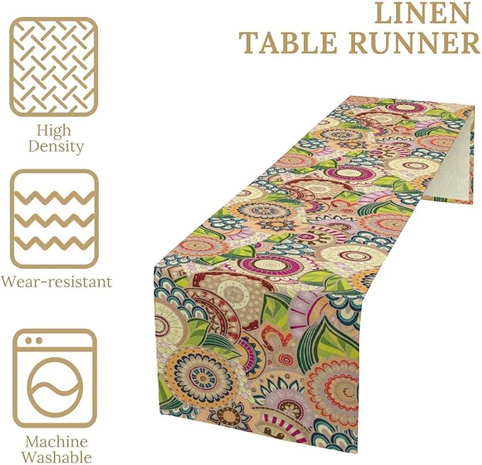 Boho Floral Table Runner,Retro Bohemian Flower Table Runner for Kitchen Dining Table Home Party Decoration 13x72 Inch
