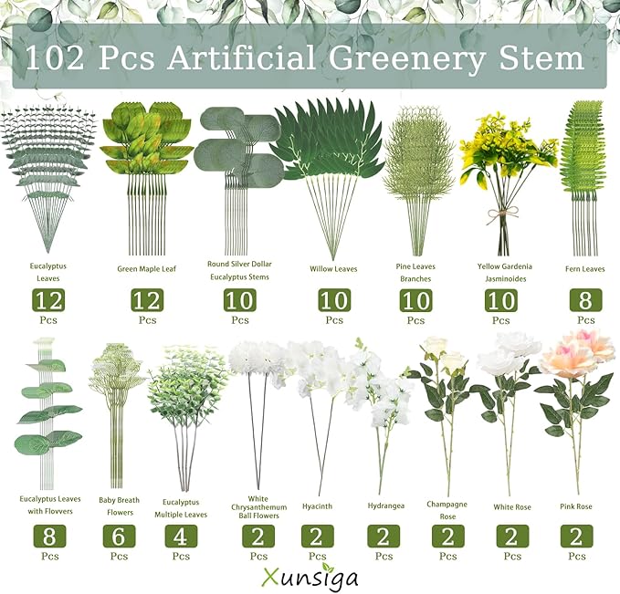 114Pcs Artificial Flowers in Vases Set, Fake Flower Greenery Stem Bulk Sets with 12Pcs Glass Bud Vases, Artificial Plants & Flowers for Wedding Centerpiece Table Decorations