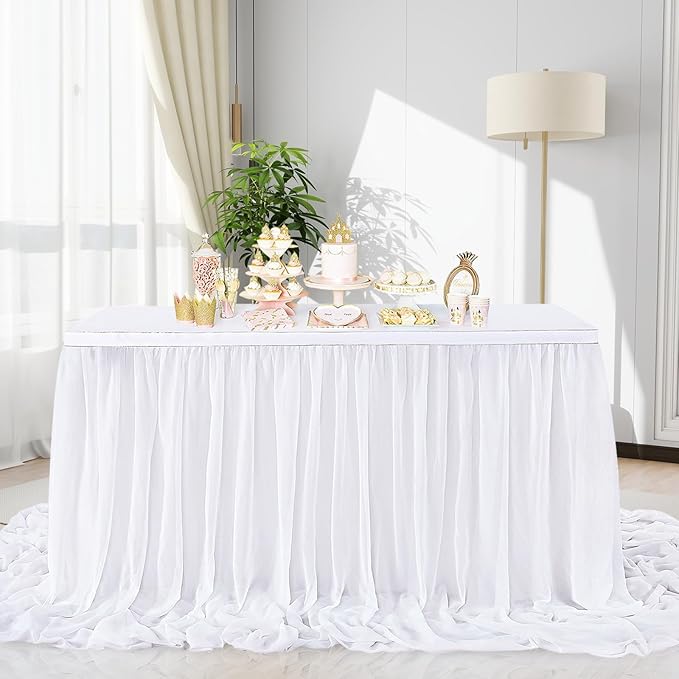 White Table Skirt for Rectangle Tables 14FT Chiffon Sheer Tablecloth for Birthday Party Sweetheart Cake Table Decoration