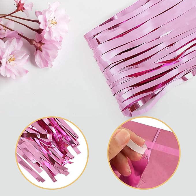 10 Pack Pink Foil Curtain Backdrop 3.2ft x 9.8ft Metallic Tinsel Foil Fringe Curtains Streamer Photo Booth Backdrop for Birthday Party Engagement Bachelorette Party Decorations (Pink)
