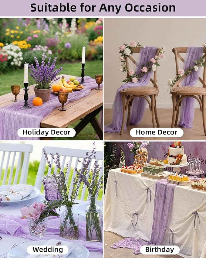 Lavender Purple Cheesecloth Table Runner 120 Inch, Lilac Boho Rustic Gauze 10 FT, Summer Cheese Cloth Runner for Wedding, Baby Shower, Party, Farmhouse Centerpiece Home Decorations