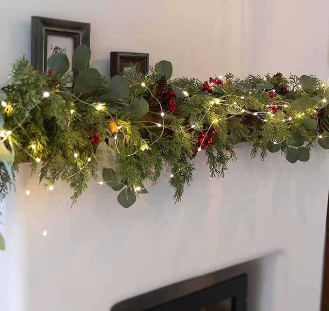 6.3FT Christmas 144 Branch Tips Cedar Garland with LED String Lights, Anna's Whimsy Seasonal Artificial Pine Cypress Garland, Holiday Indoor Outdoor Christmas Decor