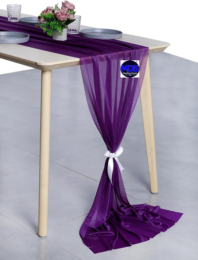 MDS Halloween Chiffon Table Runner - 12 Pack, 29 x 170 Inches, 14ft Each - Sheer Spooky Table Runners for Haunted House Parties, Trick-or-Treat Tables, Witchy Décor, Wedding & Events - Cadbury Purple