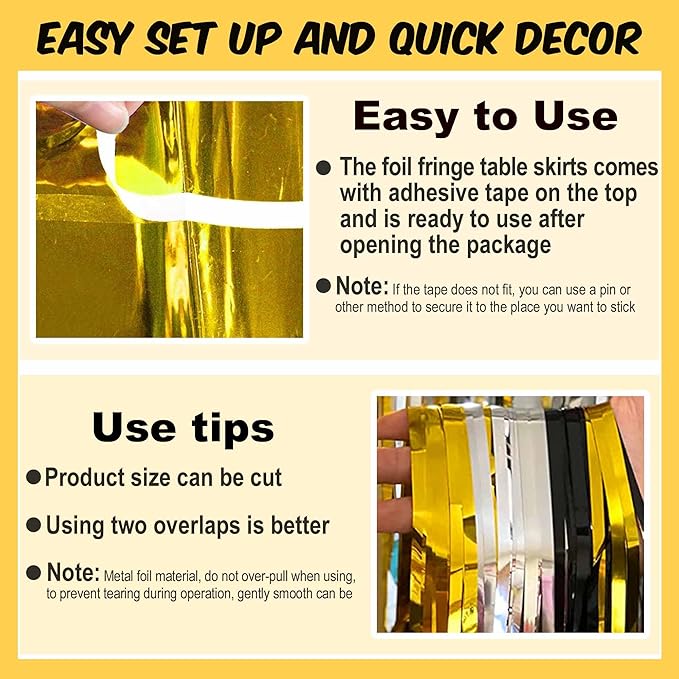 3 Pack Black Gold Silver Foil Fringe Table Skirts Metallic Tinsel Streamers Garland Banner Backdrop for Table Decor, Parade Float, Birthday, Wedding, Halloween, Christmas Party Decorations(29x108 In)