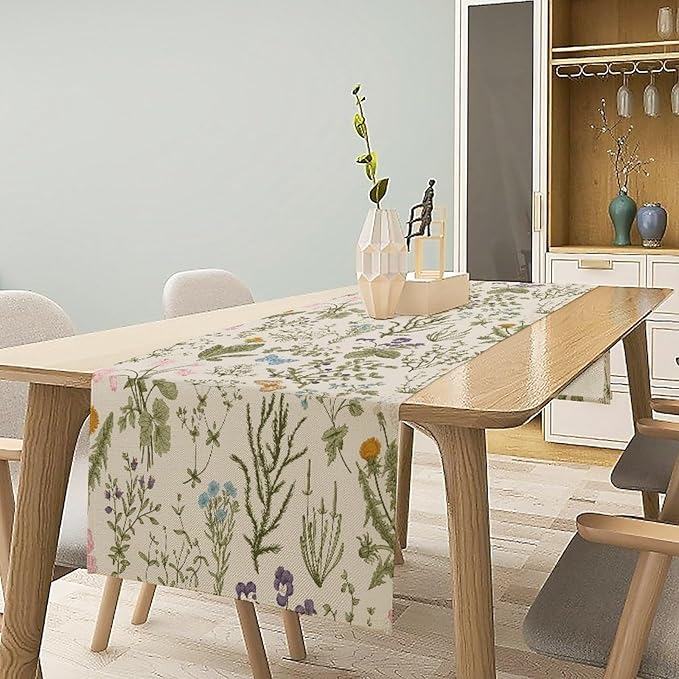 Floral Botanical Table Runner, Garden Spring Flower Botanical Butterfly Animal for Restaurant, Kitchen, Wedding, Party Rectangular Table Runner Decoration,13in（33cm） W * 36in（92cm） L