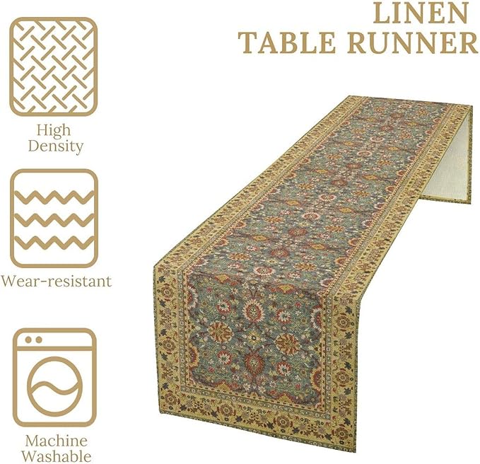 Boho Floral Vintage Beige Blue Table Runner, Retro Flower Rustic Country Farmhouse Abstract Pattern for Home Kitchen Table Decor Dining Coffee Room Party Decor 13x36in