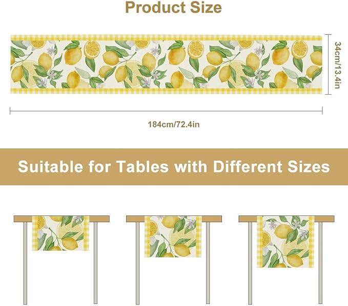 Lemon Table Runner,Yellow White Buffalo Plaid Summer Table Runner for Kitchen Dining Table Home Party Decoration 13x108 Inch