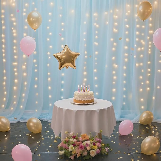 10×10ft Tulle Backdrop Curtains with Lights String - 300LED Fairy Lights Sheer Curtain Backdrop for Weddings Baby Shower and Birthday Party Decorations(8 Panels 5×10ft)