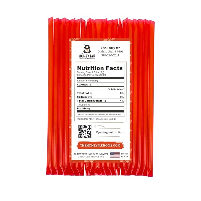 The Honey Jar Cinnamon Flavored Honey Sticks - Pure Honey Straws For Tea, Coffee, or a Healthy Treat - One Teaspoon of Flavored Honey Per Stick - Made In The USA with Real Honey - (20 Count)