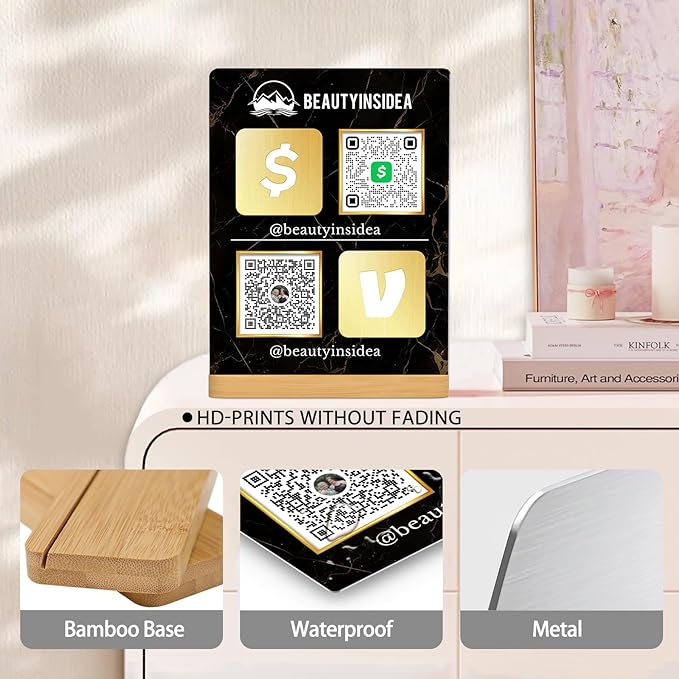 Personalized Custom Metal QR Code Sign Venmo Cashapp Scan to Pay with Stand Instagram Facebook Social Media QR Signs Bar Code QR Plaque Print for Business Salon Beauty Store Restaurant Wifi Sign (S2)