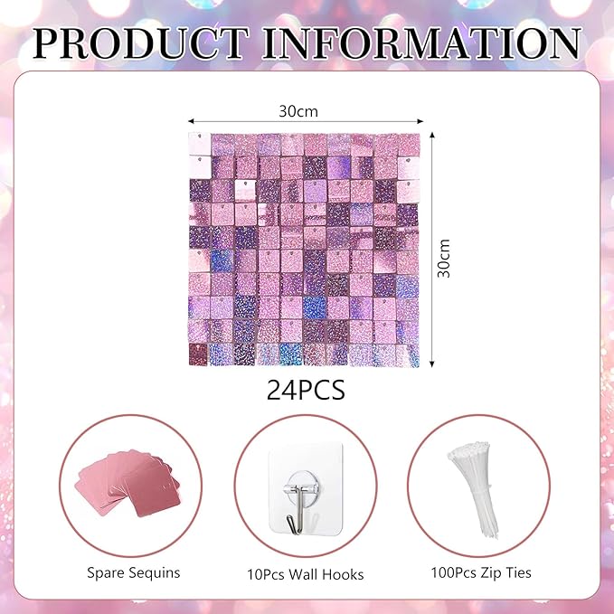 24PCS Light Pink Shimmer Wall Backdrop, Laser Square Sequin Photo Backdrops Panel, Glitter Wall Background for Birthdays, Weddings, Christmas, Engagements, Disco Bachelorette Party Decor (4FTx6FT)