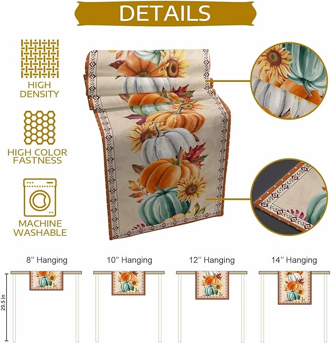 Fall Thanksgiving Southwest Cotton Linen Table Runner for Dining Kitchen, Orange Pumpkins Wedding Outdoor Party Rustic Tablerunners Decoration, Sunflower Dresser Scarf Tablecloth Runners 13x120 Inches