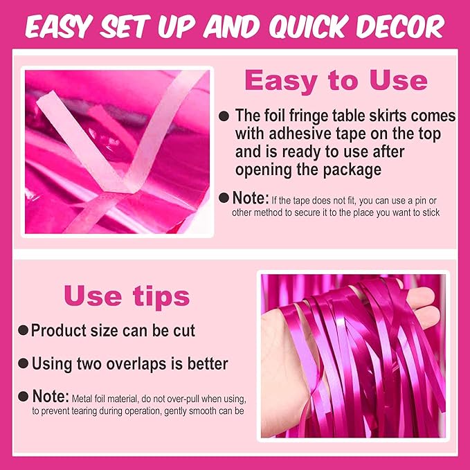 3 Pack Fuchsia Foil Fringe Table Skirts Metallic Tinsel Streamers Garland Banner Backdrop for Table Decor, Parade Float, Birthday, Wedding, Halloween, Christmas Party Decorations(29x108 In)
