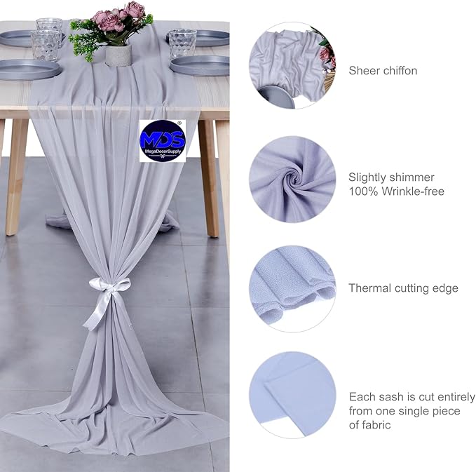 MDS Halloween Chiffon Table Runner - 5 Pack, 29 x 170 Inches, 14ft Each - Sheer Spooky Table Runners for Haunted House Parties, Trick-or-Treat Tables, Witchy Décor, Wedding & Events - Cool Gray