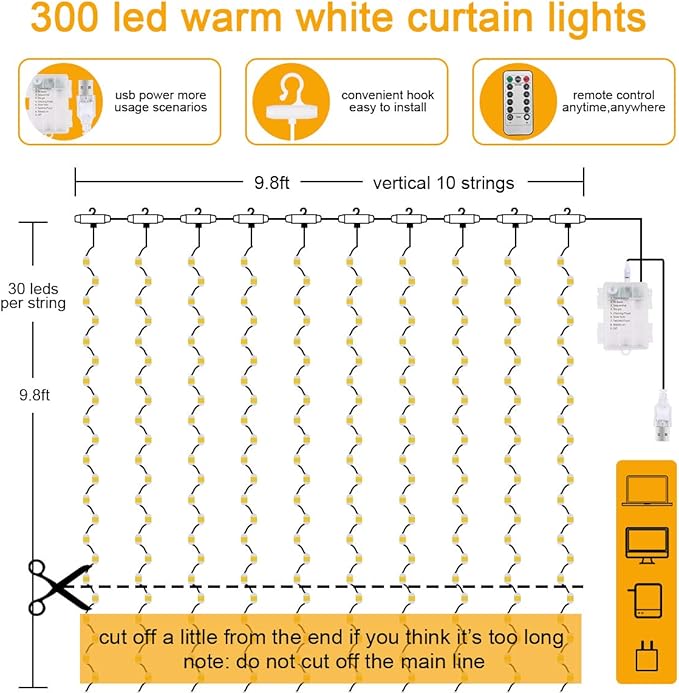 AOMIG Fairy Curtain Lights,300 LED Warm White Window Curtain String Light,8 Modes 9.8×9.8Ft Waterproof Curtain String Light USB&Battery Powered with Remote Contro,String Lights for Indoor,Outdoor