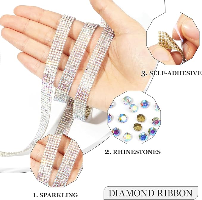 Rhinestone Ribbon 3 Yards Self Adhesive Rhinestone Strips Diamond Ribbon Sticker Crystal Roll Glitter Bling 2mm Rhinestones Tape for Crafting DIY Art Decoration (Silver AB,0.4 Inch)