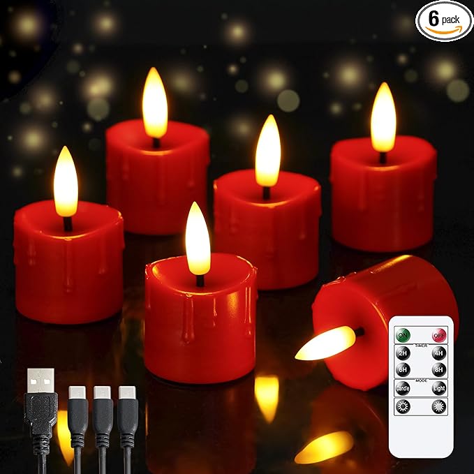 Rechargeable Flameless 1.6" x2.5" Tea Light Candles with Remote & Type-C Charging Cable, Timer LED Flickering Burgundy Plastic 6pcs Mini Dripping Wax Votive Tealight Candles