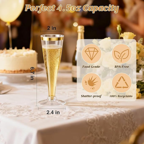 20 Pack Champagne Flutes Plastic Wine Glasses Disposable, 4.5 Oz Gold Rim Mimosa Glasses for 2025 Engagement Wedding Birthday New Years Eve Xmas Party Supplies, Bulk Toasting Cocktail Cups