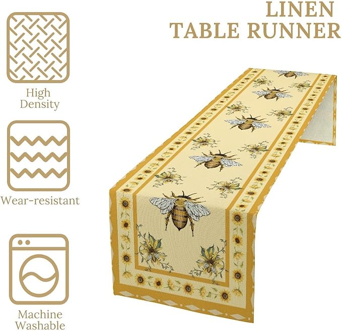 Honey Bee Table Runner, Farmhouse Yellow Sunflower Retro Summer Linen Tables Runners for Kitchen Dining Table Home Party Decor, 13x70inch