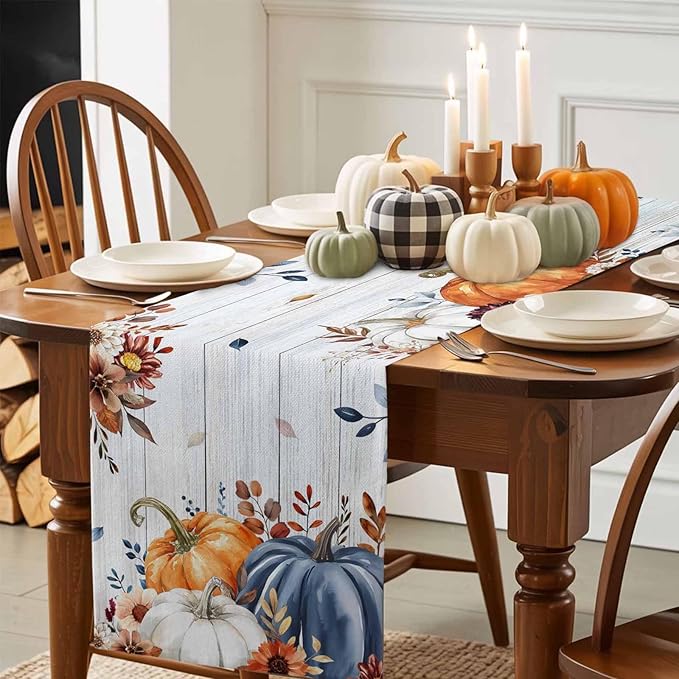 Thanksgiving Fall Cotton Linen Table Runner for Dining Kitchen, Pumpkins Eucalyptus Wedding Outdoor Party Tablerunners Decoration, Farmhouse Wooden Dresser Scarf Coffee Tablecloth Runners 13x48 Inches